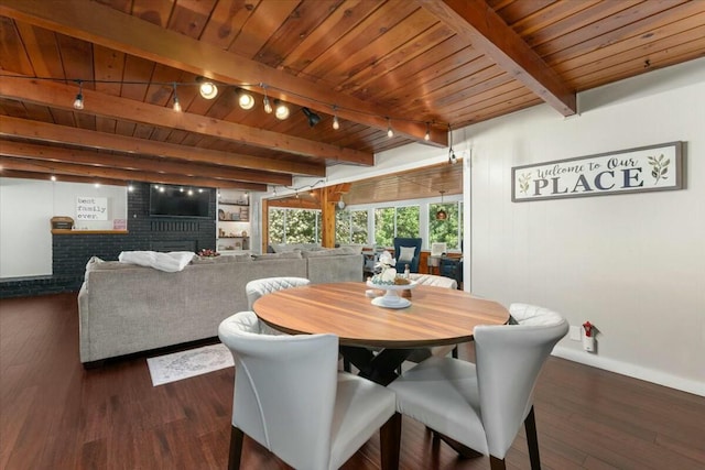 19817 Oak Knoll Dr, Lakehead, CA 96051 - dining area featuring track lighting, dark wood-type flooring, and wood ceiling