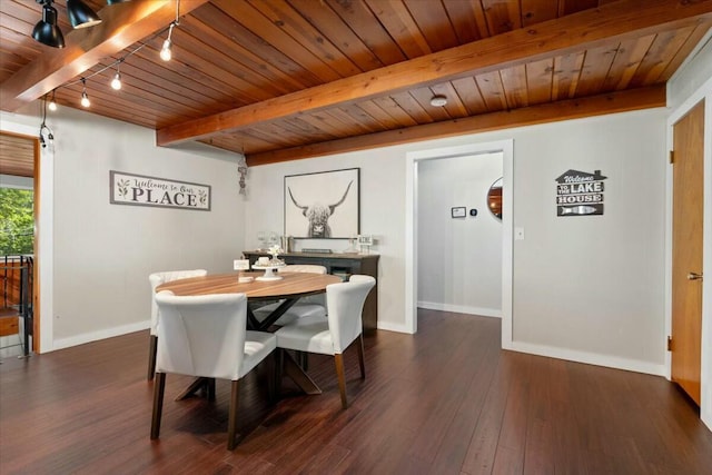 19817 Oak Knoll Dr, Lakehead, CA 96051 - dining room featuring dark wood-type flooring, baseboards, beamed ceiling, and wooden ceiling