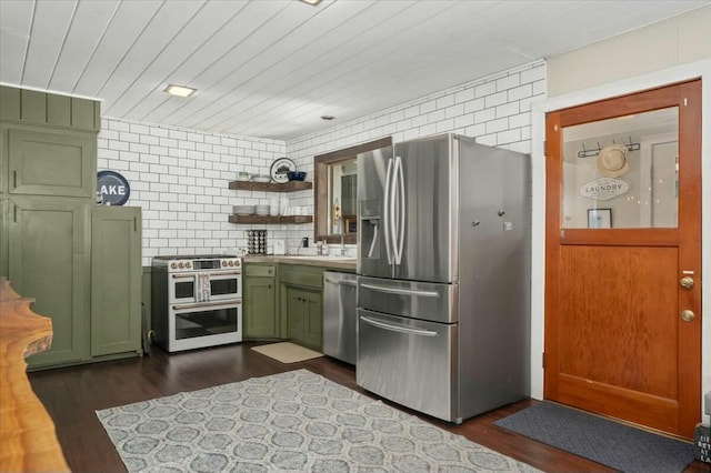 19817 Oak Knoll Dr, Lakehead, CA 96051 - kitchen with stainless steel appliances, open shelves, backsplash, light countertops, and green cabinetry