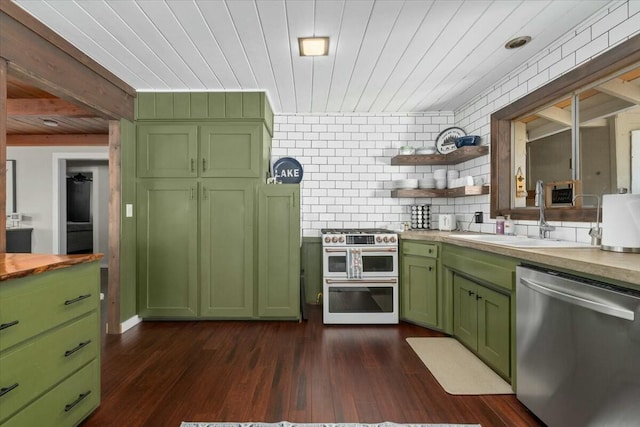 19817 Oak Knoll Dr, Lakehead, CA 96051 - kitchen featuring green cabinetry, stainless steel dishwasher, a sink, wooden ceiling, and range with two ovens