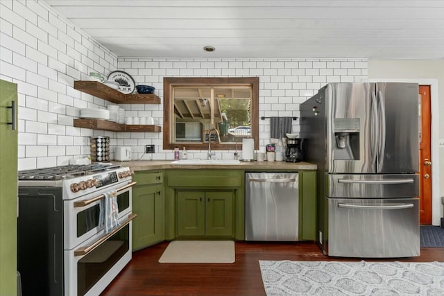 19817 Oak Knoll Dr, Lakehead, CA 96051 - kitchen with open shelves, appliances with stainless steel finishes, green cabinets, a sink, and dark wood-type flooring