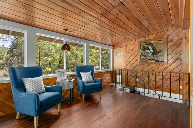 19817 Oak Knoll Dr, Lakehead, CA 96051 - living area with hardwood / wood-style flooring, plenty of natural light, an upstairs landing, and wood ceiling