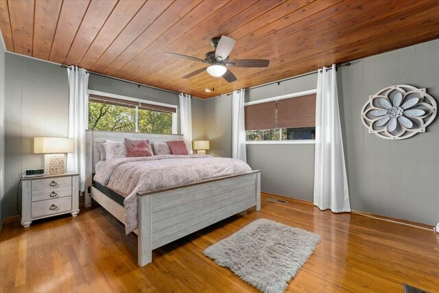 19817 Oak Knoll Dr, Lakehead, CA 96051 - bedroom with baseboards, wooden ceiling, wood finished floors, and a ceiling fan