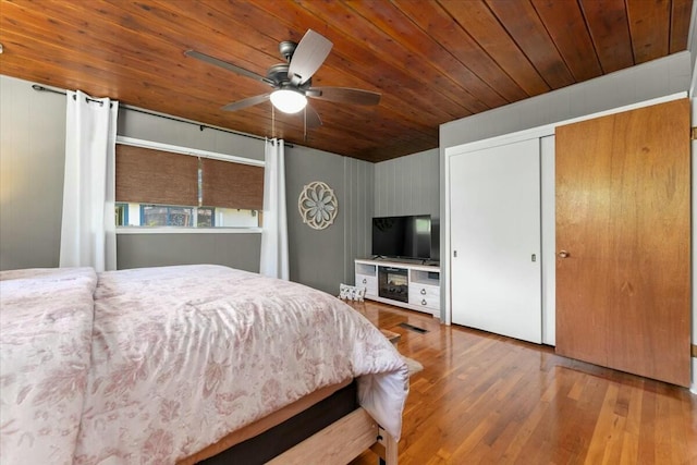 19817 Oak Knoll Dr, Lakehead, CA 96051 - bedroom with wood finished floors, ceiling fan, and wooden ceiling