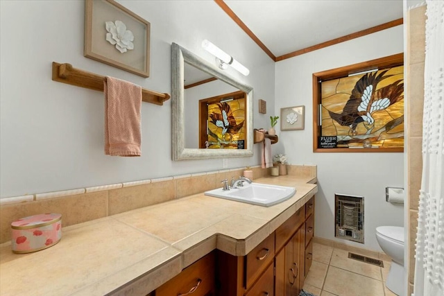 19817 Oak Knoll Dr, Lakehead, CA 96051 - bathroom featuring vanity, toilet, visible vents, ornamental molding, and tile patterned flooring