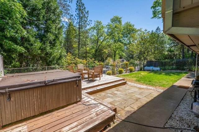 19817 Oak Knoll Dr, Lakehead, CA 96051 - view of patio featuring a fenced backyard, a wooden deck, and a hot tub
