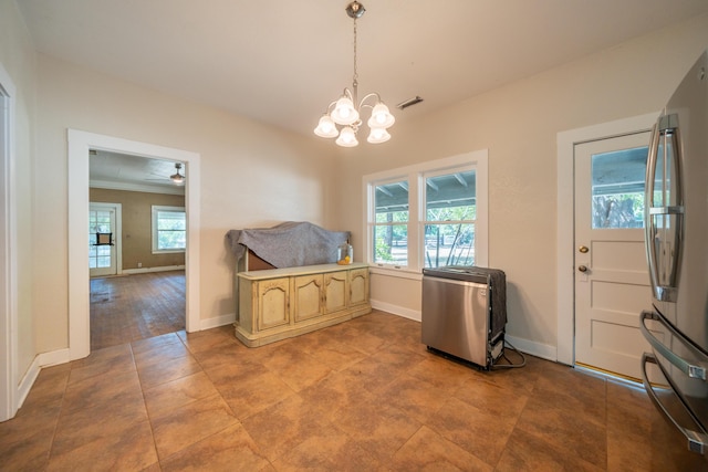 24294 Dersch Rd, Anderson, CA 96007 - dining area featuring plenty of natural light, a chandelier, baseboards, and ceiling fan