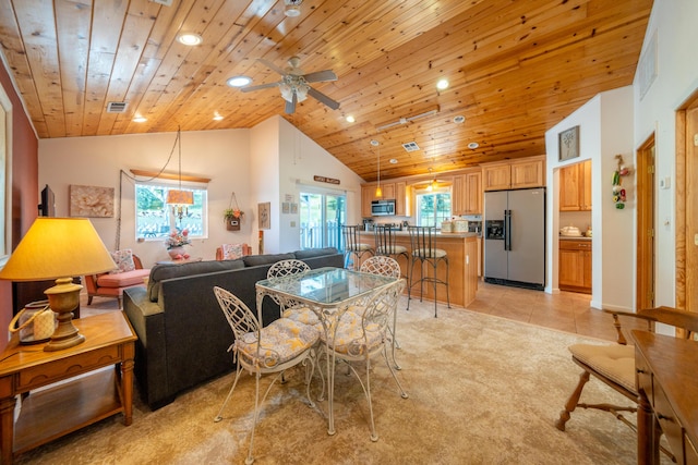 24294 Dersch Rd, Anderson, CA 96007 - dining space with wood ceiling, light tile patterned floors, a ceiling fan, recessed lighting, and high vaulted ceiling