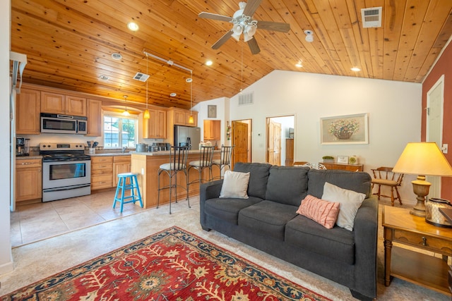 24294 Dersch Rd, Anderson, CA 96007 - living room featuring wooden ceiling, lofted ceiling, a ceiling fan, light colored carpet, and recessed lighting