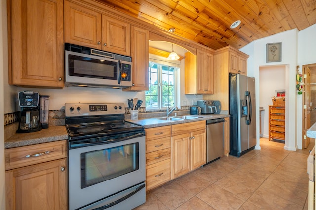 24294 Dersch Rd, Anderson, CA 96007 - kitchen with stainless steel appliances, a sink, wood ceiling, light tile patterned floors, and vaulted ceiling