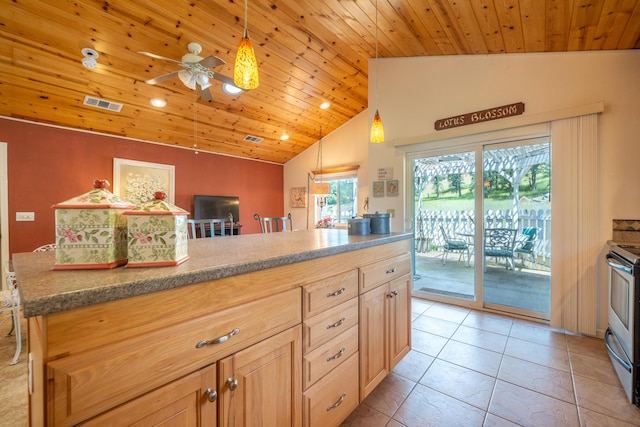 24294 Dersch Rd, Anderson, CA 96007 - kitchen featuring wood ceiling, lofted ceiling, a ceiling fan, light tile patterned flooring, and stainless steel range with electric cooktop
