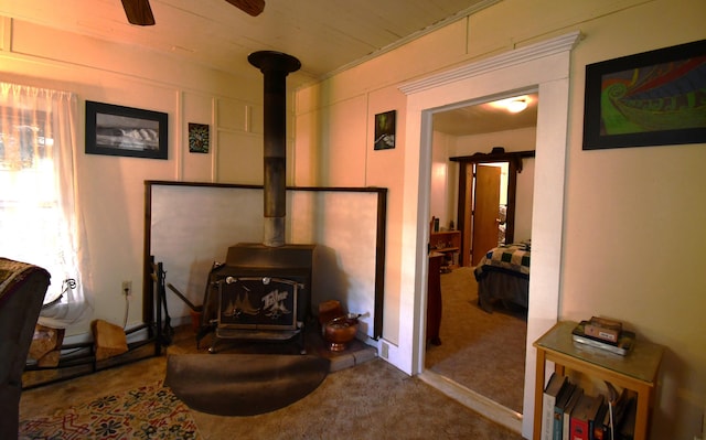 interior space with a wood stove