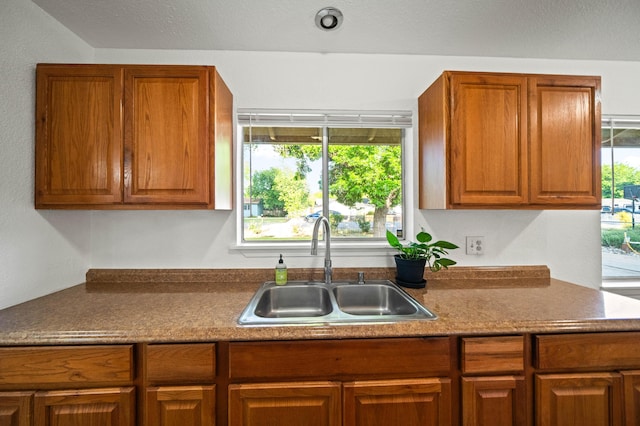 kitchen featuring a wealth of natural light, brown cabinets, and a sink