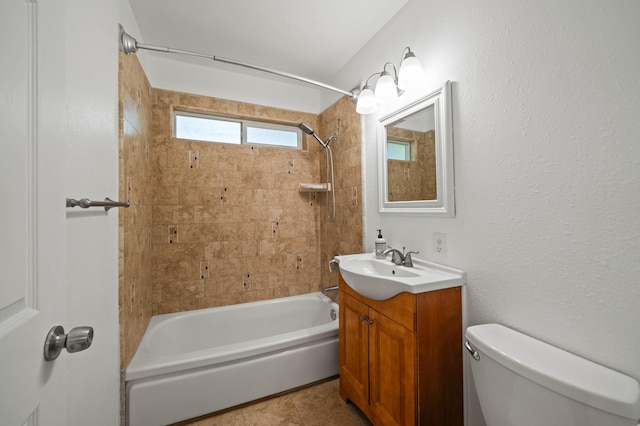 full bath with bathing tub / shower combination, toilet, and vanity