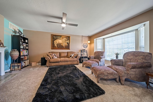 carpeted living room with a ceiling fan and visible vents