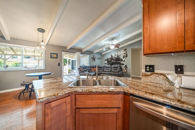 kitchen featuring stainless steel dishwasher, brown cabinetry, a peninsula, open floor plan, and a sink