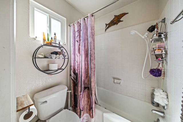 full bath featuring toilet and shower / bath combination with curtain