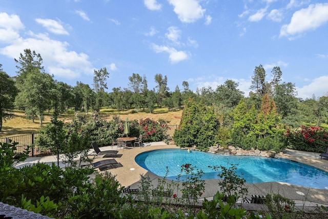 view of swimming pool with a patio, fence, and a fenced in pool
