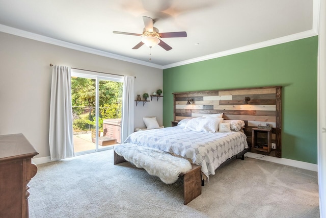 20295 Ballentine Dr, Anderson, CA 96007 - carpeted bedroom with baseboards, ornamental molding, a ceiling fan, and access to exterior