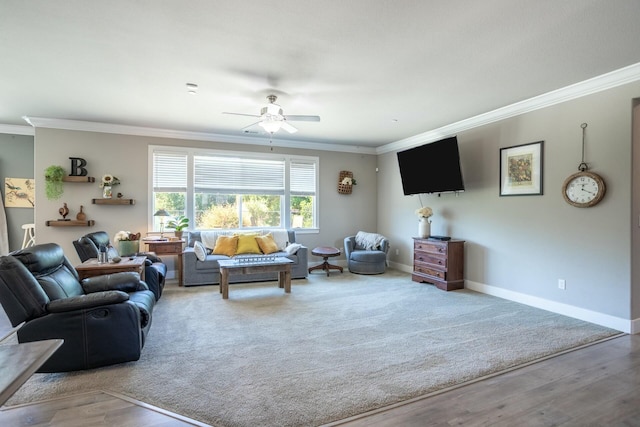 20295 Ballentine Dr, Anderson, CA 96007 - living room with crown molding, a ceiling fan, baseboards, and wood finished floors