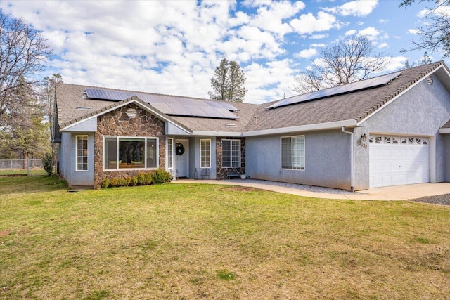 ranch-style house with a front yard, a garage, stone siding, stucco siding, and fence