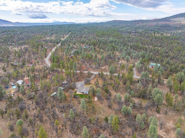 birds eye view of property featuring a mountain view and a wooded view