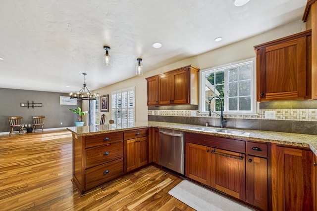 kitchen with stainless steel dishwasher, backsplash, a sink, dark wood-style floors, and a peninsula