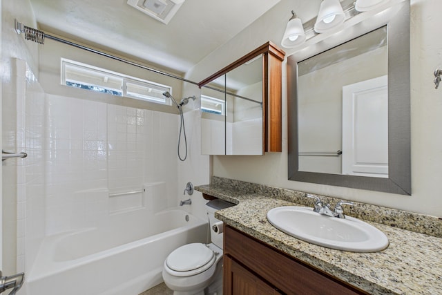 full bath with toilet, shower / bathtub combination, and vanity