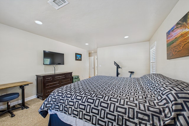 carpeted bedroom featuring visible vents and recessed lighting