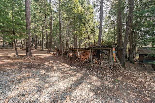 view of yard with a forest view