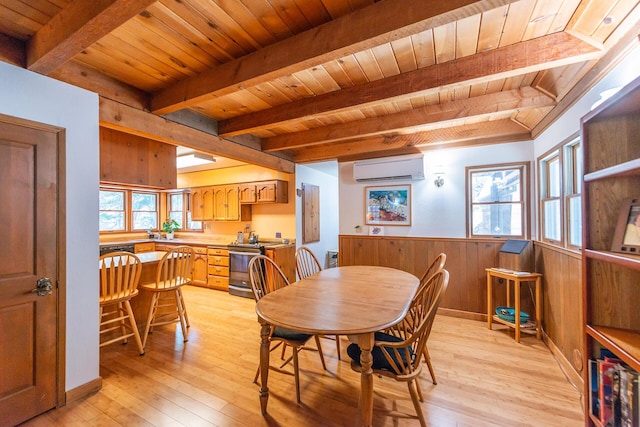 dining room featuring wainscoting, light wood-style floors, wooden ceiling, a wall unit AC, and beamed ceiling