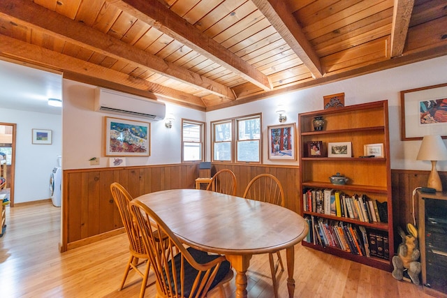 dining room featuring wainscoting, washer / dryer, beam ceiling, a wall mounted air conditioner, and wood ceiling