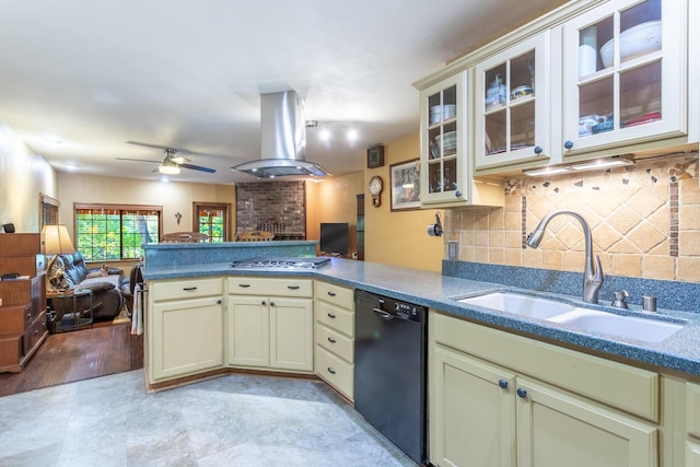 kitchen featuring a sink, black dishwasher, a peninsula, open floor plan, and island exhaust hood