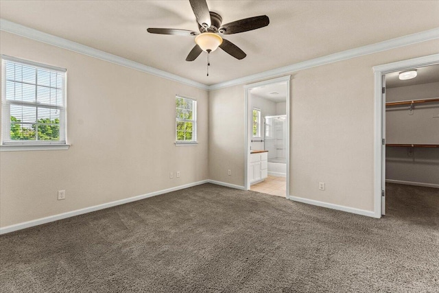unfurnished bedroom featuring crown molding, baseboards, carpet floors, and a spacious closet