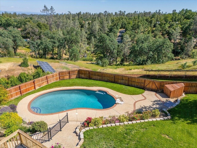 view of swimming pool with a lawn, a fenced in pool, a wooded view, and a fenced backyard