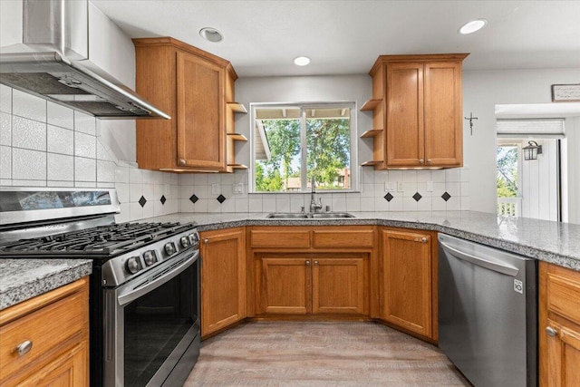 kitchen with appliances with stainless steel finishes, range hood, open shelves, a sink, and a wealth of natural light