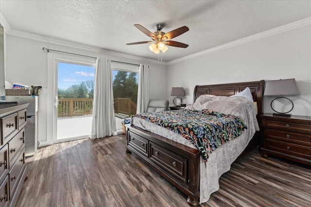 bedroom with crown molding, dark wood-type flooring, a textured ceiling, and access to exterior