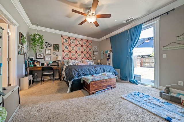 bedroom featuring a ceiling fan, access to exterior, visible vents, carpet floors, and ornamental molding