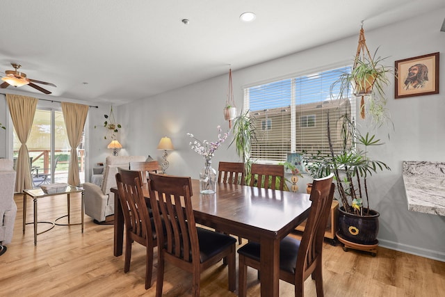 dining space with a ceiling fan, light wood-type flooring, and a healthy amount of sunlight