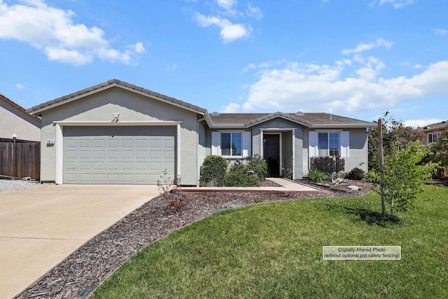 ranch-style house featuring concrete driveway, a front yard, stucco siding, and an attached garage