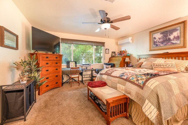 bedroom featuring ceiling fan, a wall mounted AC, light carpet, and visible vents