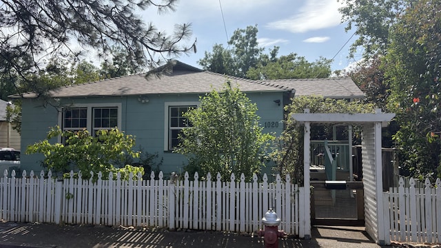 view of home's exterior featuring fence private yard and roof with shingles