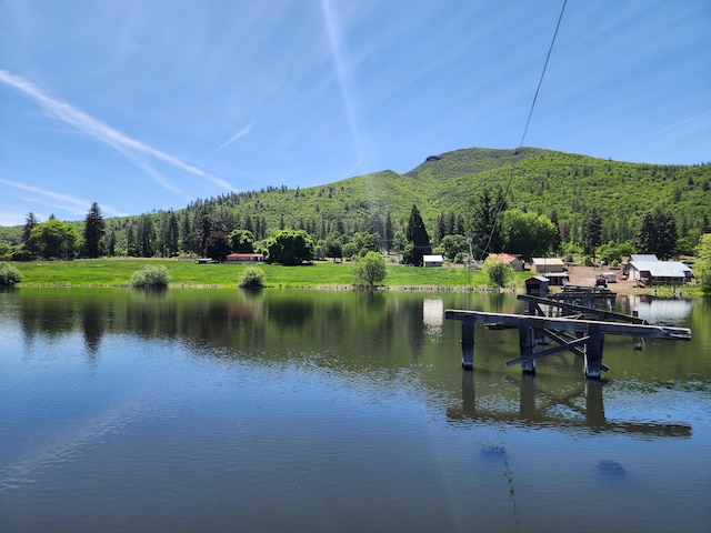 25653 Glenburn Rd, Fall River Mills, CA 96028 - water view with a heavily wooded area, a mountain backdrop, and a dock