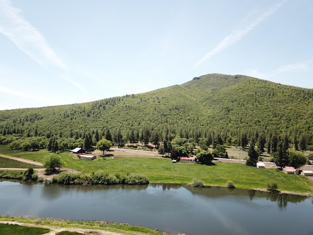 25653 Glenburn Rd, Fall River Mills, CA 96028 - view of property's community with a wooded view, a water and mountain view, and a lawn