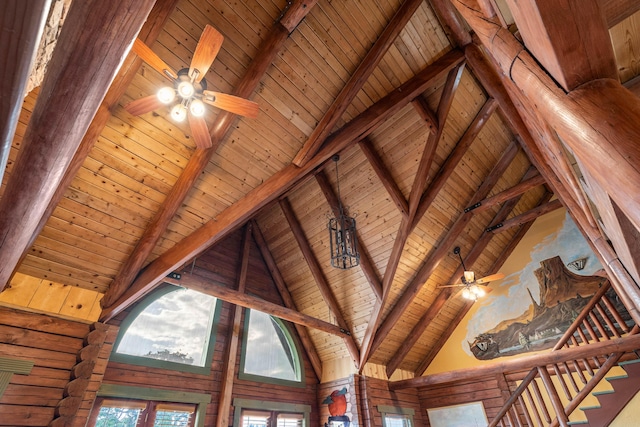 room details featuring ceiling fan, wooden ceiling, and beamed ceiling