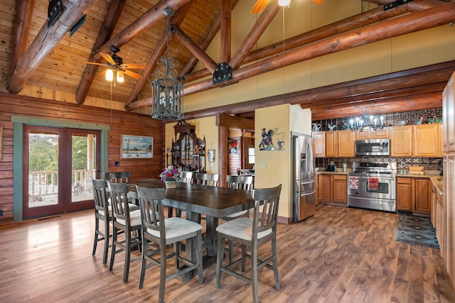 dining area with ceiling fan, wooden ceiling, and wood finished floors