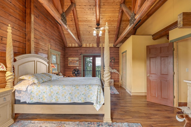 bedroom featuring wooden ceiling, lofted ceiling with beams, baseboards, and wood finished floors