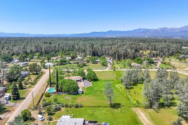 bird's eye view with a forest view and a mountain view