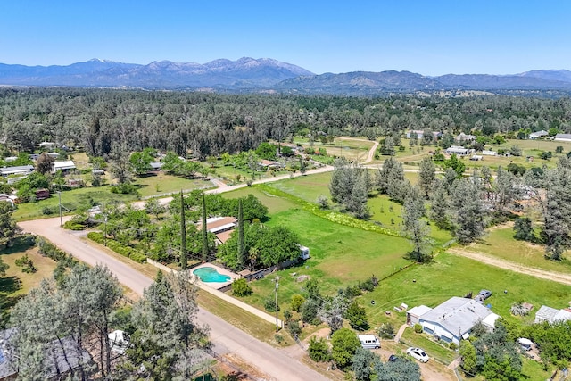 drone / aerial view with a mountain view and a view of trees