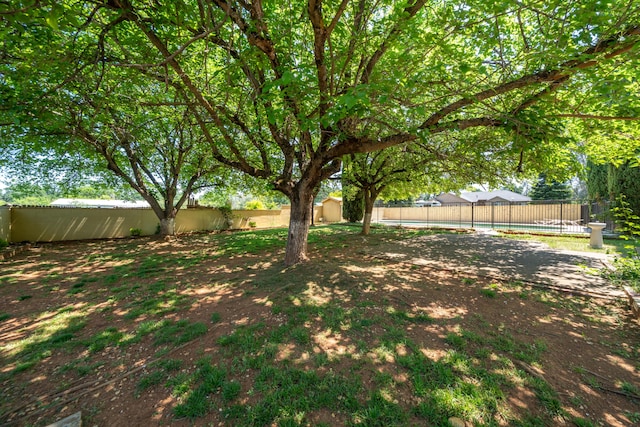 view of yard featuring an outdoor structure, a pool, and a fenced backyard